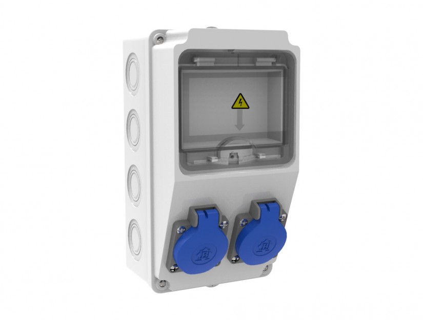 Tablou electric Bemis BH1-2202-0000, aparent, IP44, 124x232x115 mm, ABS, gri, 2 prize 1/16A 220V, halogen free