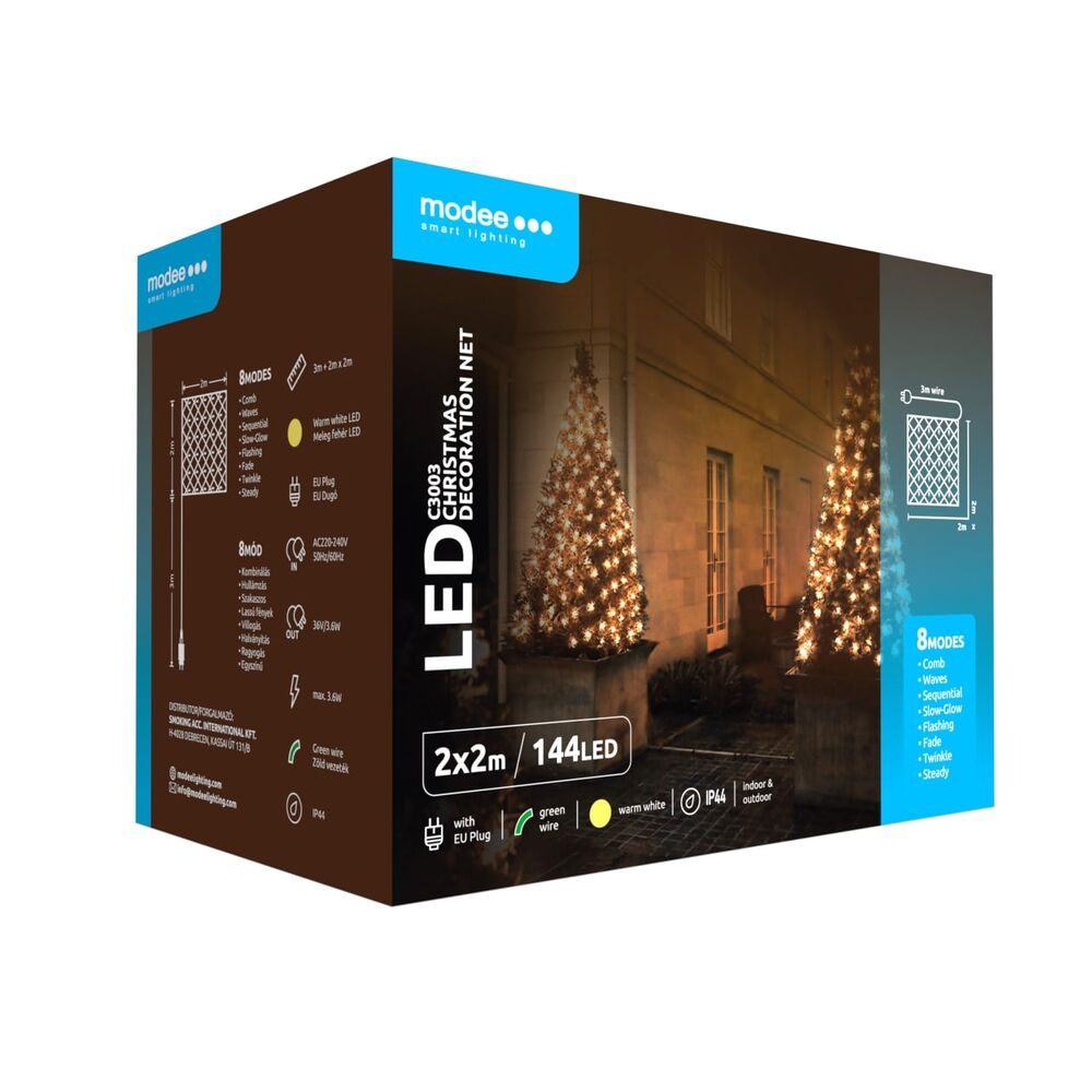 Ghirlanda luminoasa decorativa Modee C3003, 144 LED-uri, 3.6W, 2x 2m, alb cald