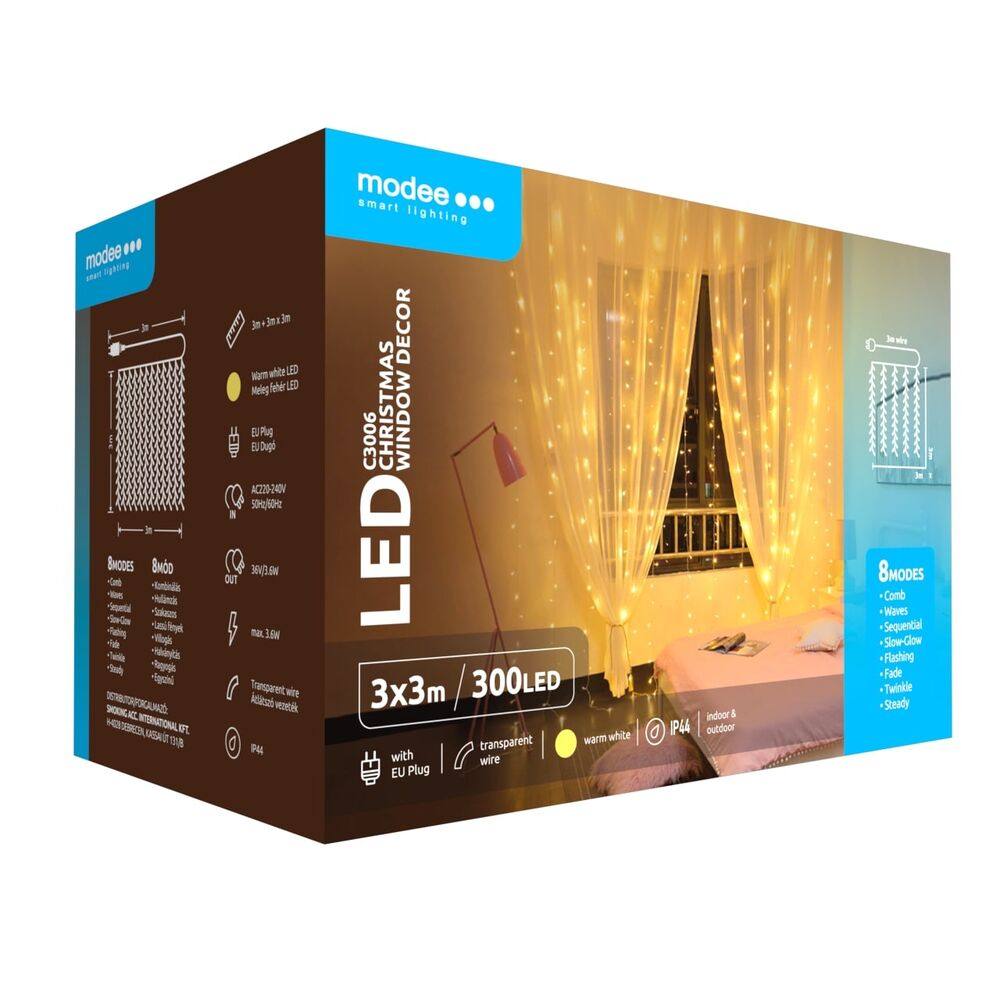 Ghirlanda luminoasa decorativa Modee C3006, 300 LED-uri, 3.6W, 3x3 m, alb cald, tip perdea