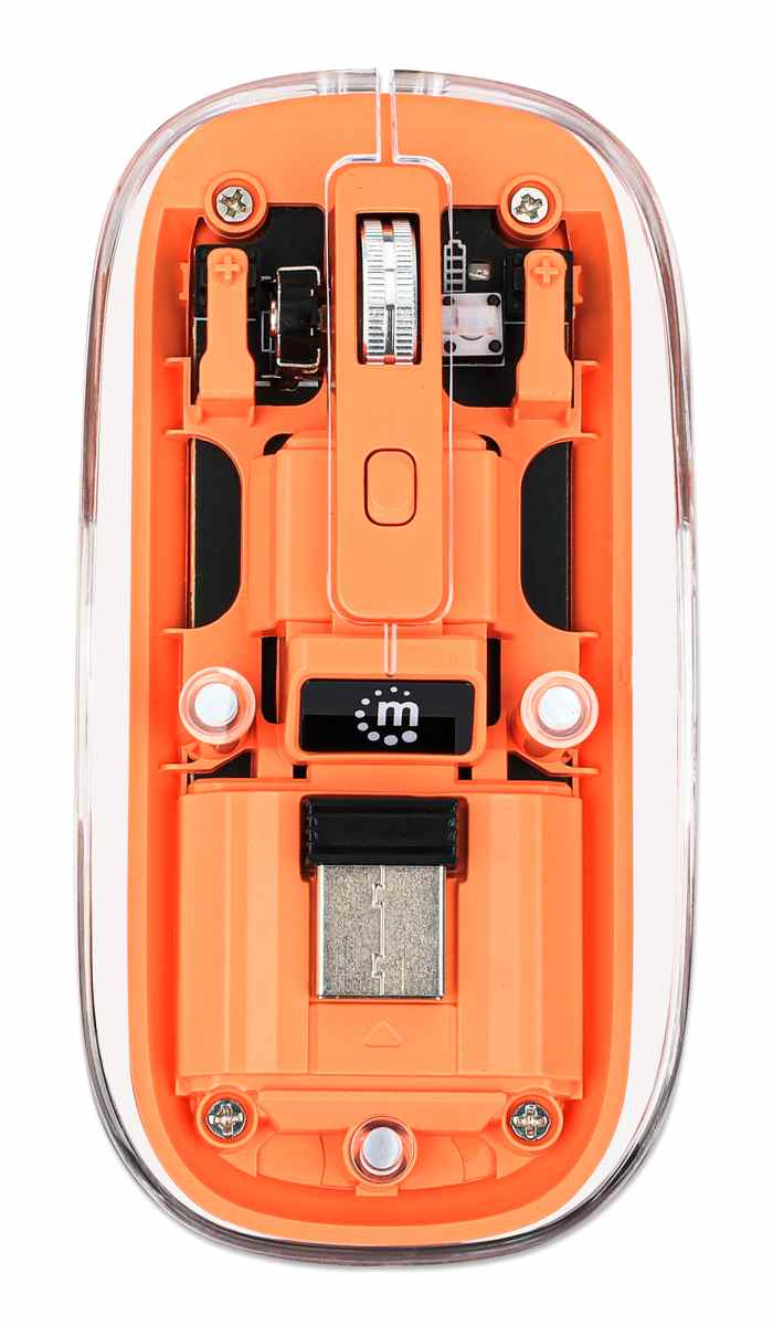 Mouse wireless reincarcabil 190282 Manhattan, 1600dpi, silent click, USB-C, transparent / portocaliu