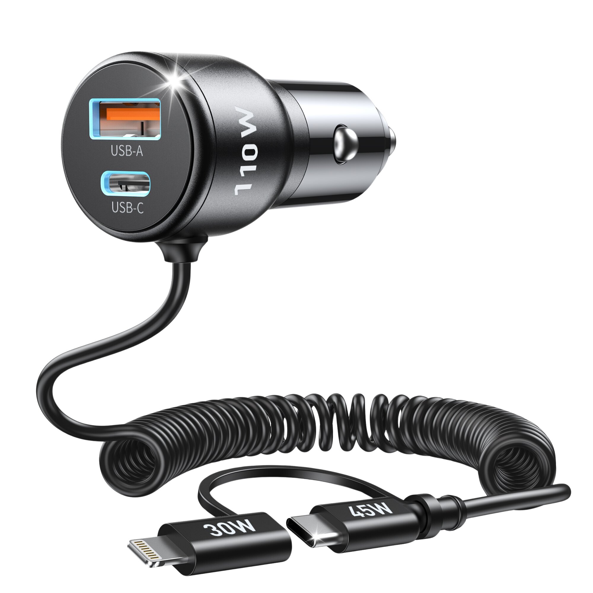 Incarcator auto retractabil Choetech TC0038, 1x USB-C, 1x USB-A, cablu spiralat USB-C si Lighting, 65W, negru