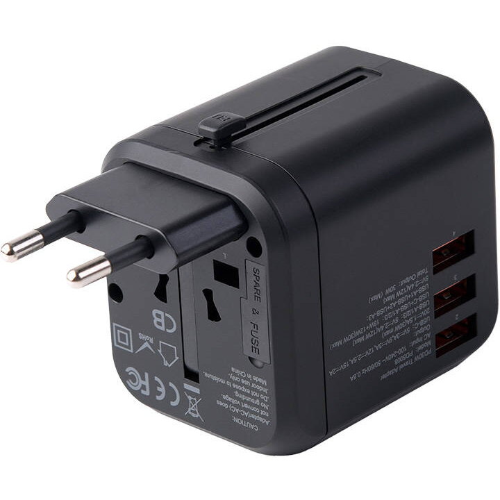 Adaptor priză universal Choetech PD5008 GaN, 2x USB-C, 3x USB-A, PD 35W, negru