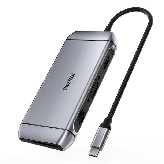 HUB USB-C - 1x HDMI, 1x VGA, 1x RJ45, 1x USB-C, 3x USB 3.0, SD, PD 100W, Choetech M15, gri