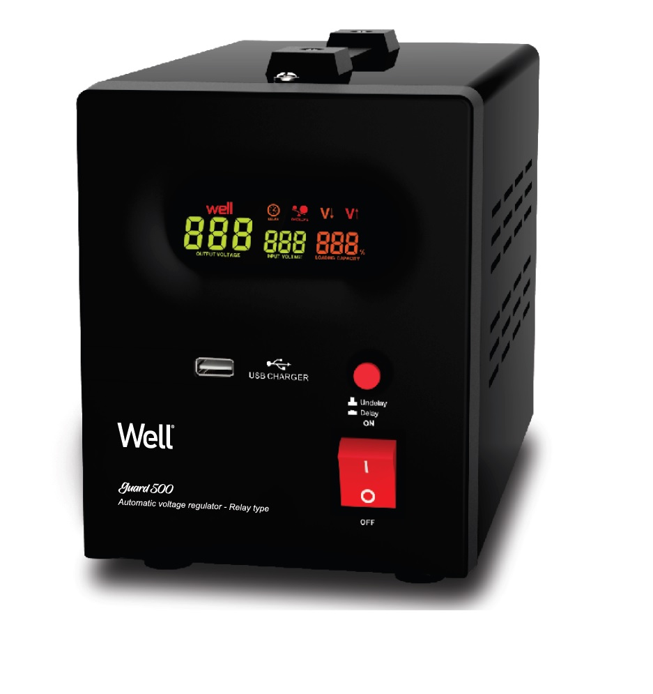 Stabilizator automat de tensiune cu releu 500VA/300W, negru Well, AVR-REL-GUARD500-WL