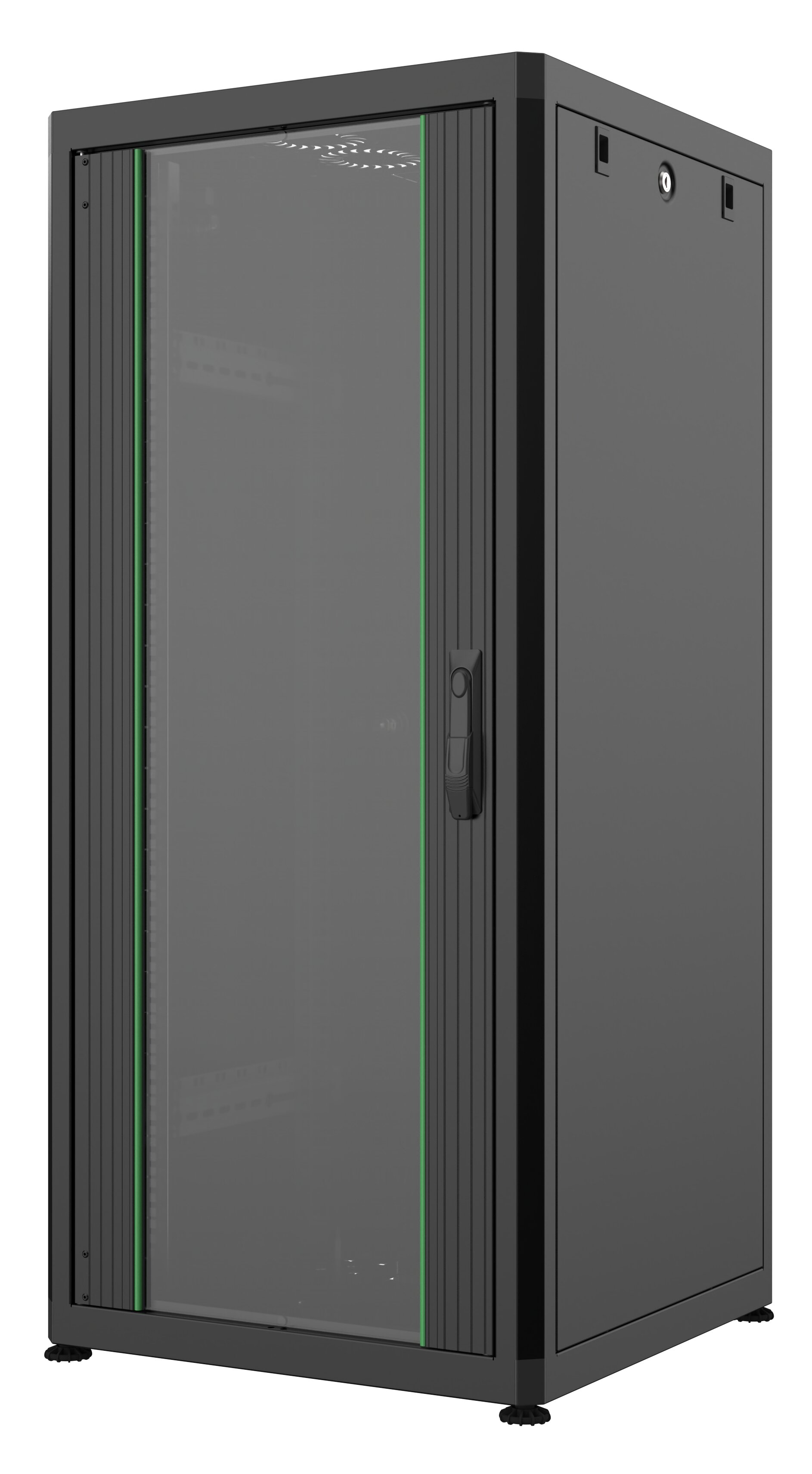 Dulap rack 19" 26U 600x1306x600mm negru asamblat, încărcare statica 1000kg, ușă aluminiu/sticlă, Mirsan