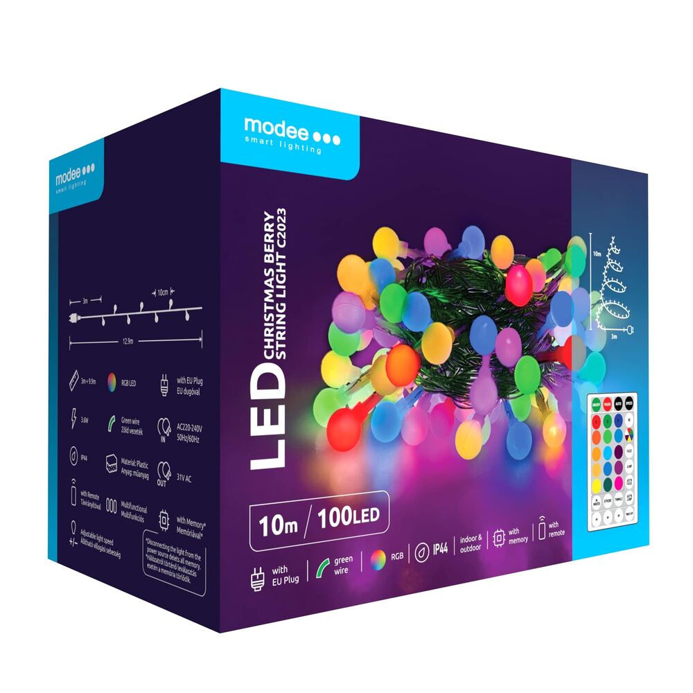 Sir de lumini colorate LED pentru Craciun, plastic, cu adaptor, RGB + telecomandă, Modee, DECOL-C2023-MDE