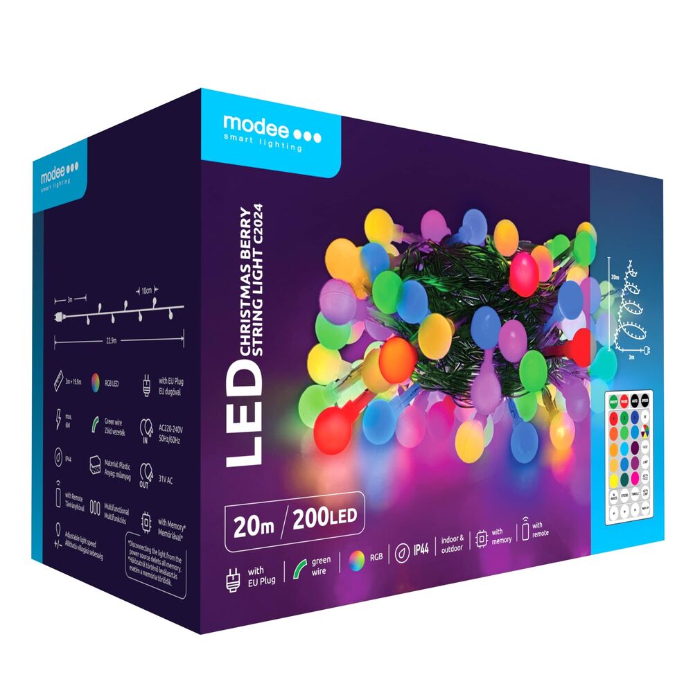 Sir de lumini colorate LED pentru Craciun, plastic, cu adaptor, RGB + telecomanda, Modee