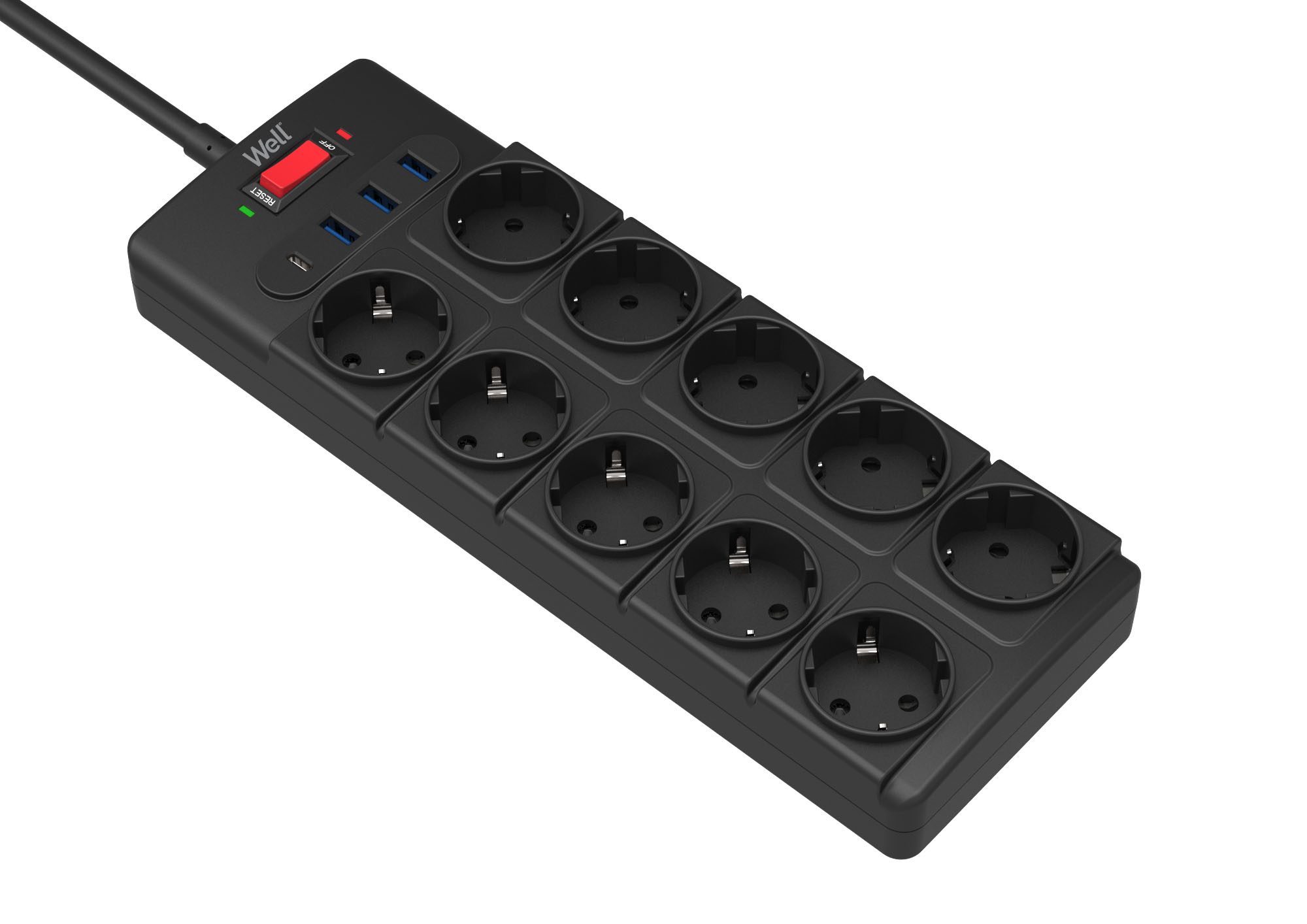Prelungitor Well, 10 prize 3x USB-A + 1x USB-C, cu protecție la suprasarcina și supratensiune