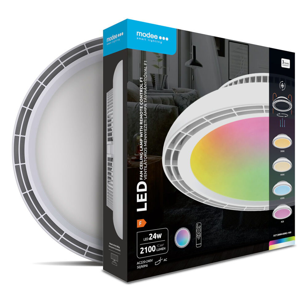 Plafoniera LED cu ventilator 24W 450mm RGB+3CCT 2100lm Modee ML-CLRGB-3CCT24W-F1W