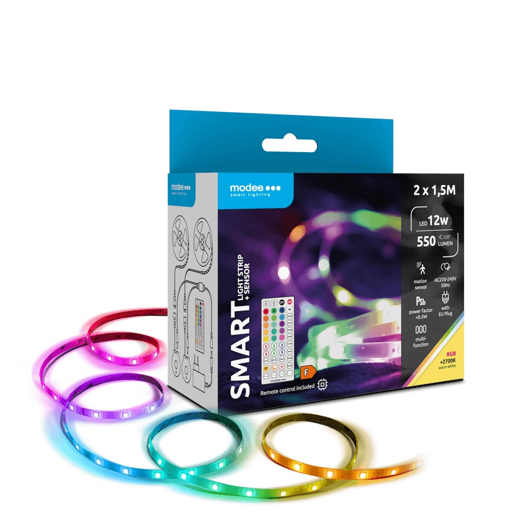 Bandă LED Smart Modee, 12W, senzor de miscare, telecomandă, 2700K+RGB, 550lm, IP20, set 2x 1.5m