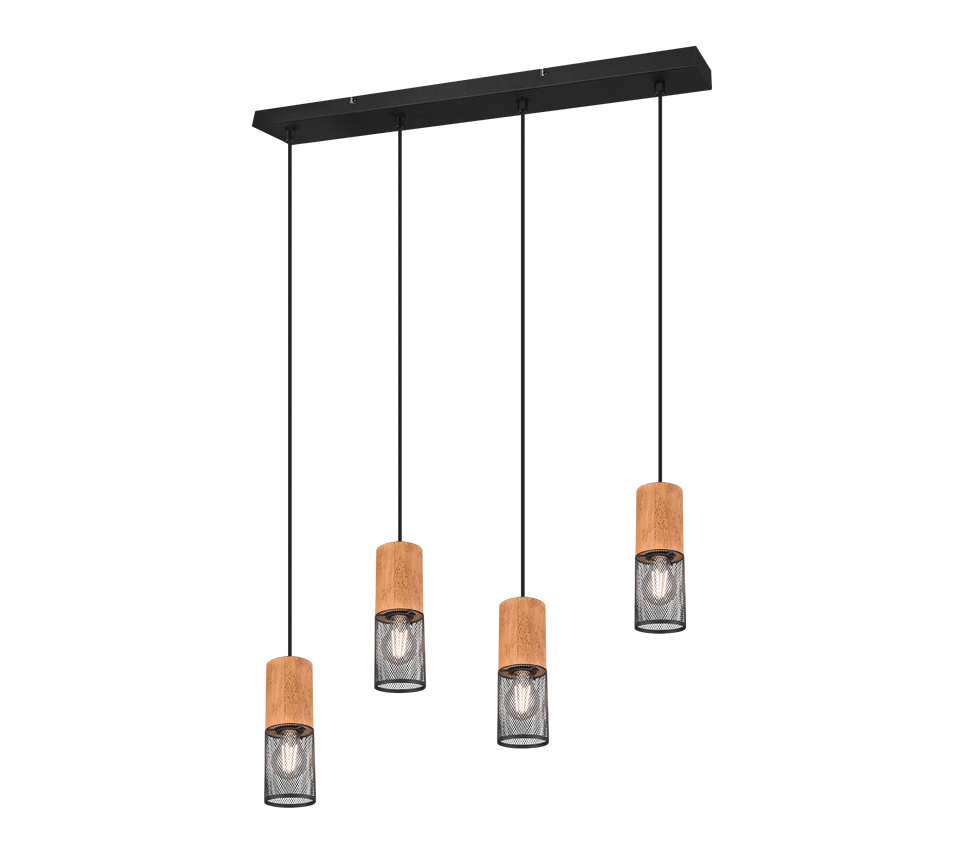 Lampă suspendata TRIO TOSH, 4x E27 (nu sunt incluse), max. 40W, negru, lemn natural, 304300432