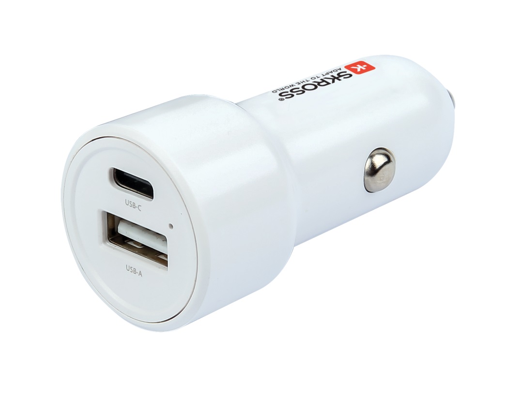 Încărcător auto Skross, 1x USB-C PD 65W, 1x USB-A 18W, 65W, cablu USB-C, alb