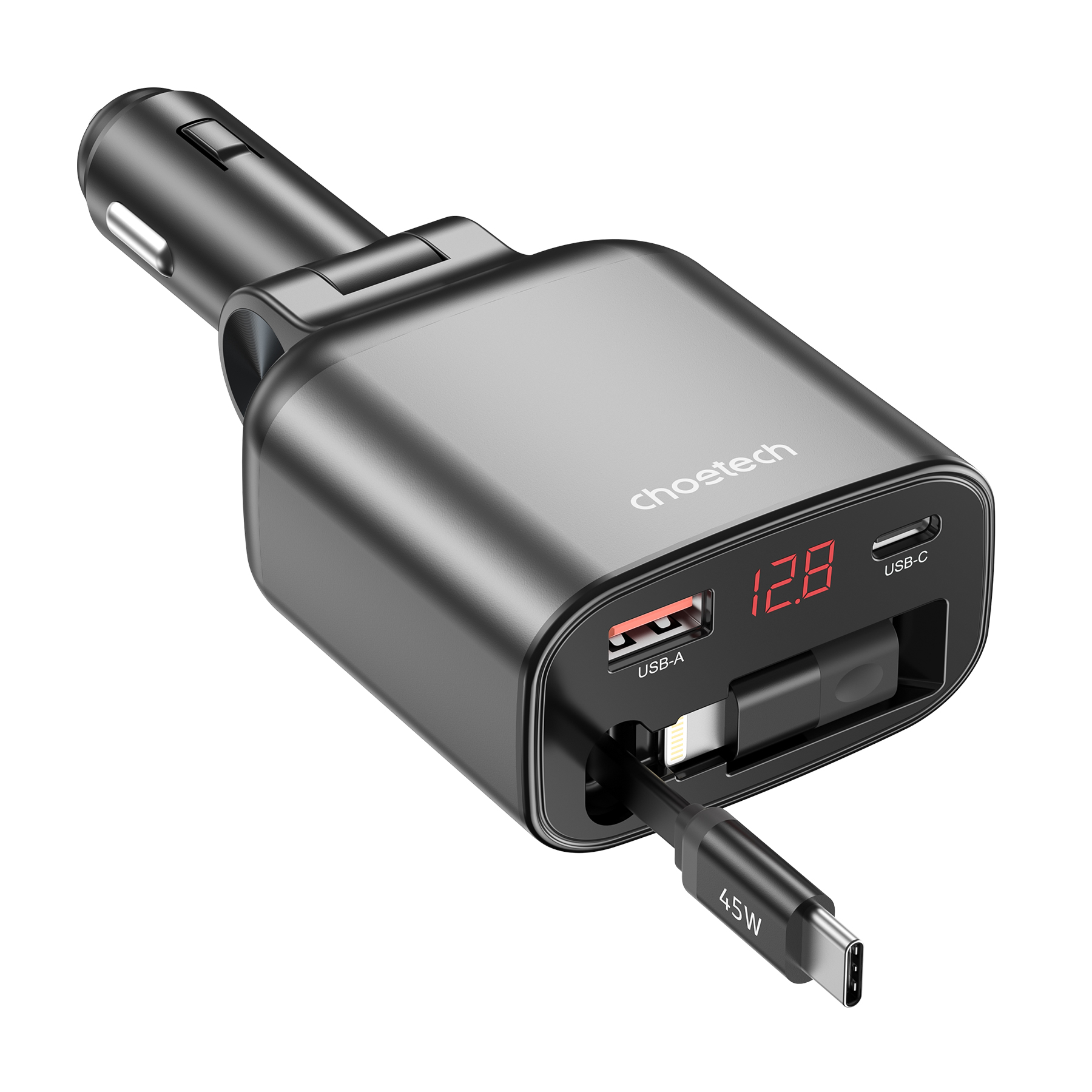 Incarcator auto retractabil Choetech TC0033, 1x USB-C, 1x USB-A, cablu USB-C integrat, 105W, negru
