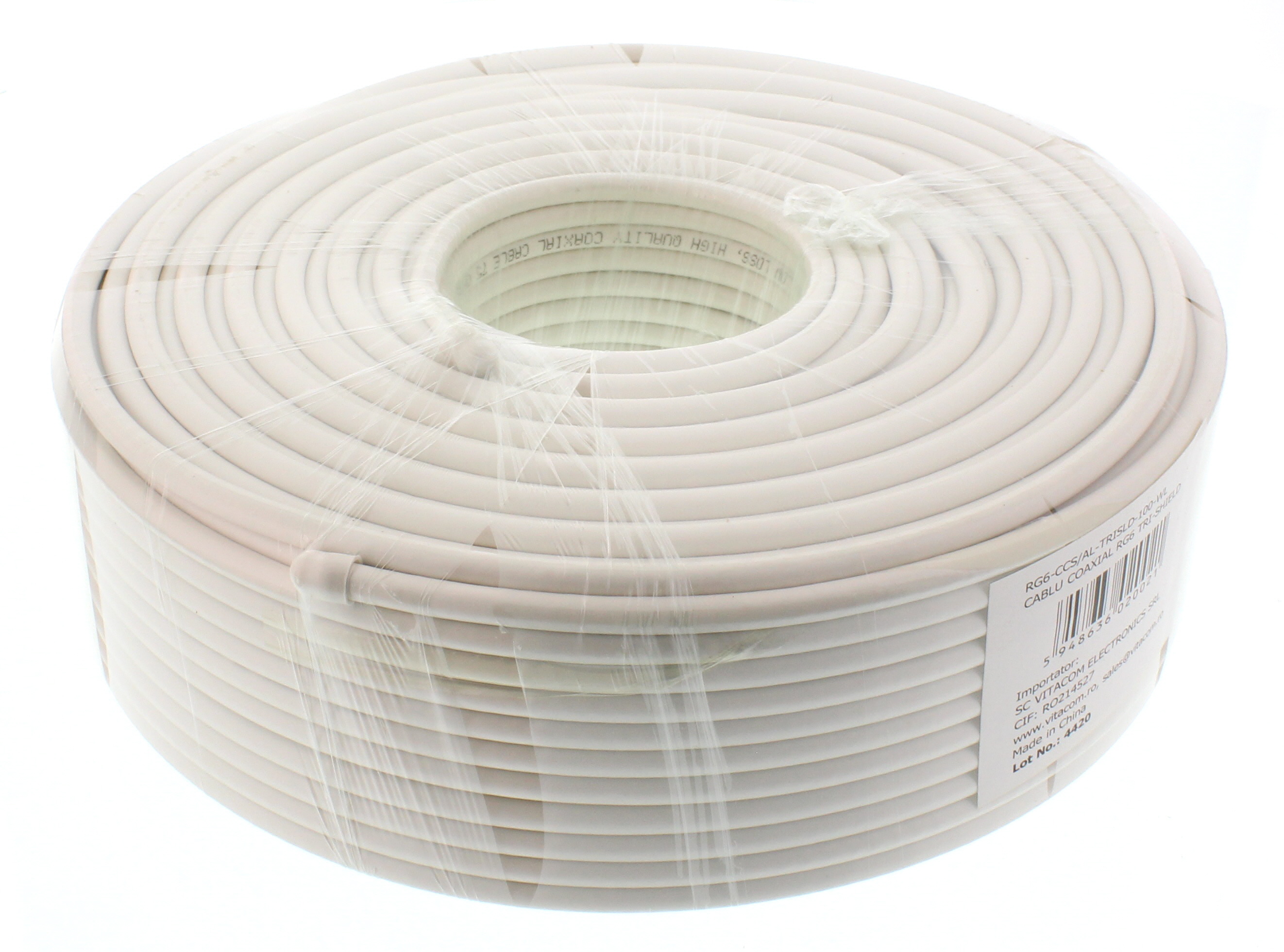 Cablu coaxial RG6, fire otel cuprat, triplu ecranat, 64X0.12mm AL+Folie Al, 100m/rola