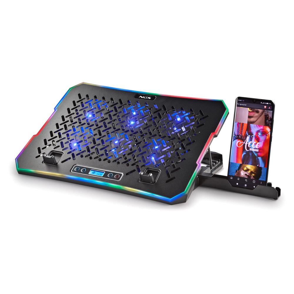 Cooler laptop NGS Hero Stand, 6 ventilatoare, până la 15.6", suport telefon, 2x USB, lumină RGB